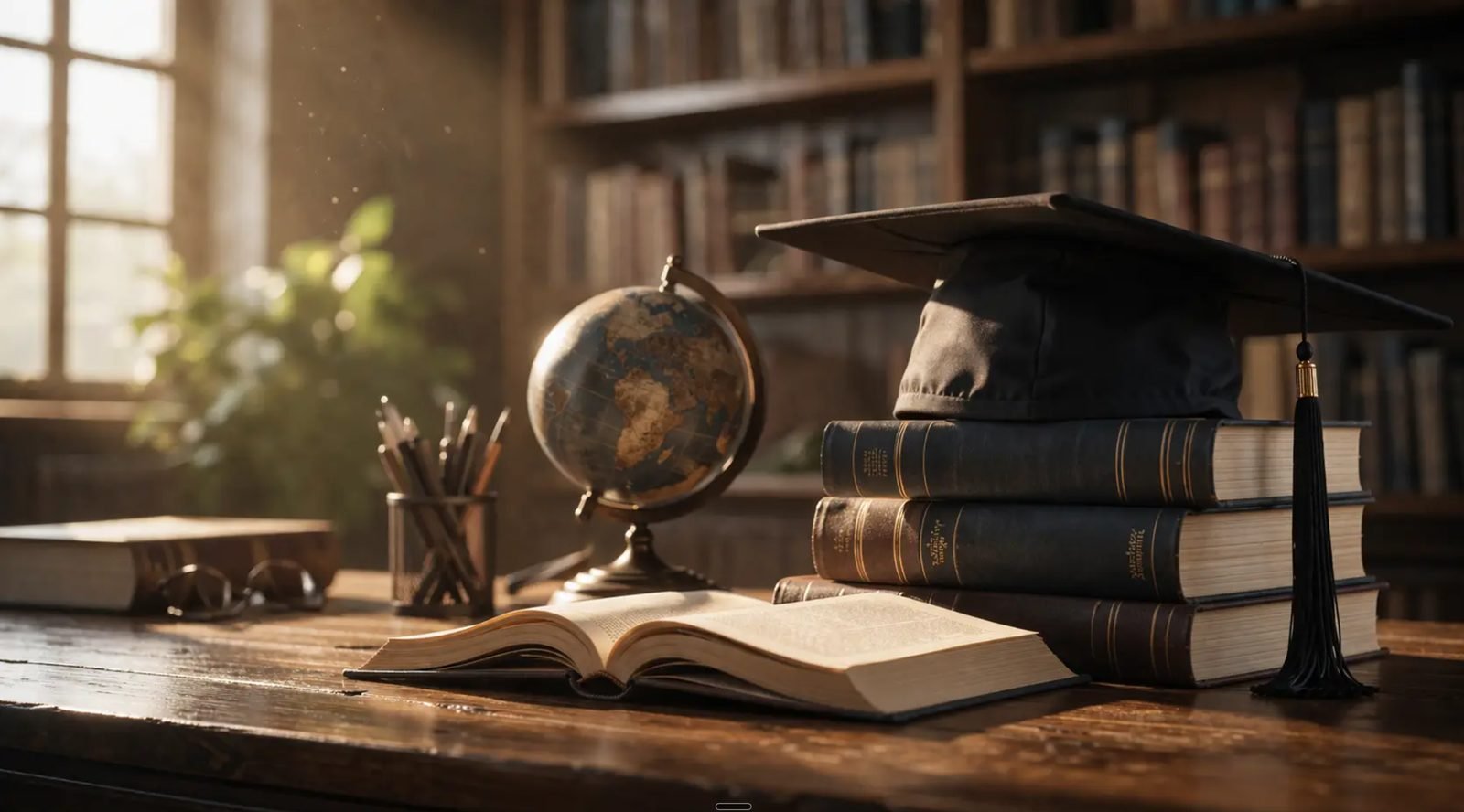 Scientific Depth — researcher's desk with globe, books and graduation cap