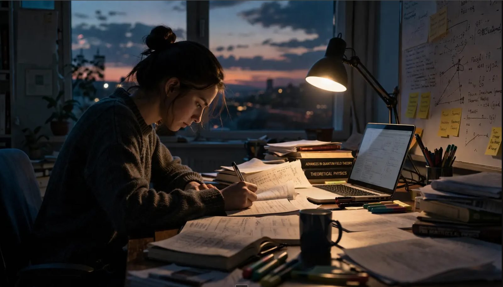 Entrepreneurial Drive — researcher working at night on theoretical physics